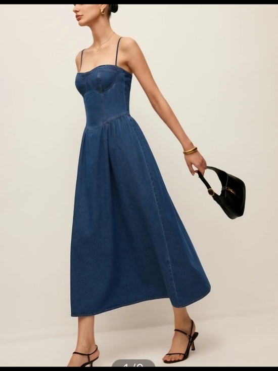 Commense Dresses & Skirts - Commense Indigo Denim Midi Dress with Spaghetti Straps Western Flowy A Line
